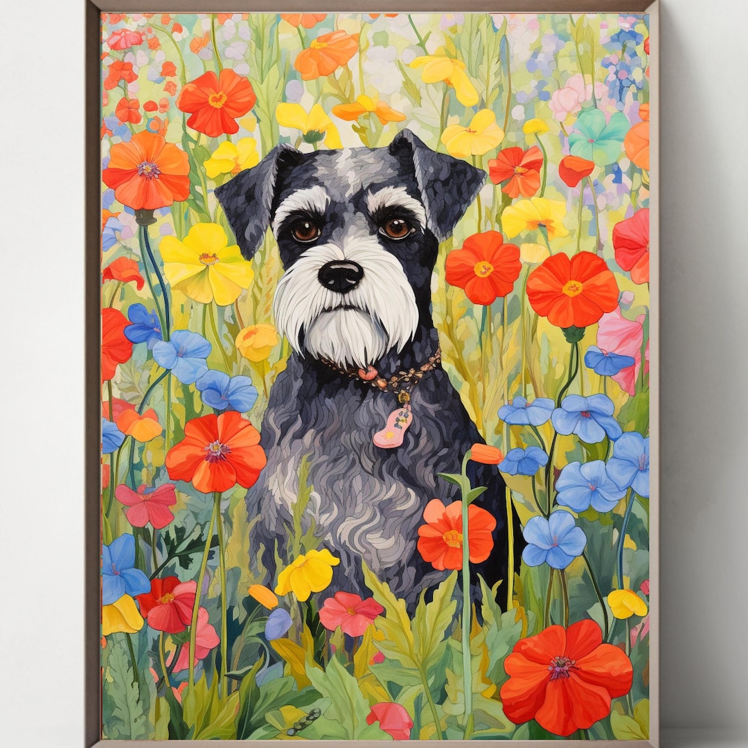 【Quiet Afternoon 】lithograph直筆サインEdition Set of 5 Schnauzer in Flower Garden Art Print: Gustav Klimt Dog