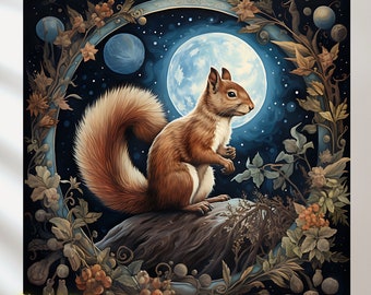 Squirrel Set of 6, Art Nouveau, William Morris, Squirrel in the night forest
