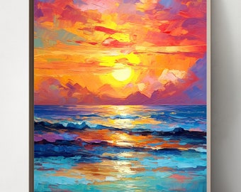 Dipinto di un paesaggio marino al tramonto: arte costiera colorata (download digitale)