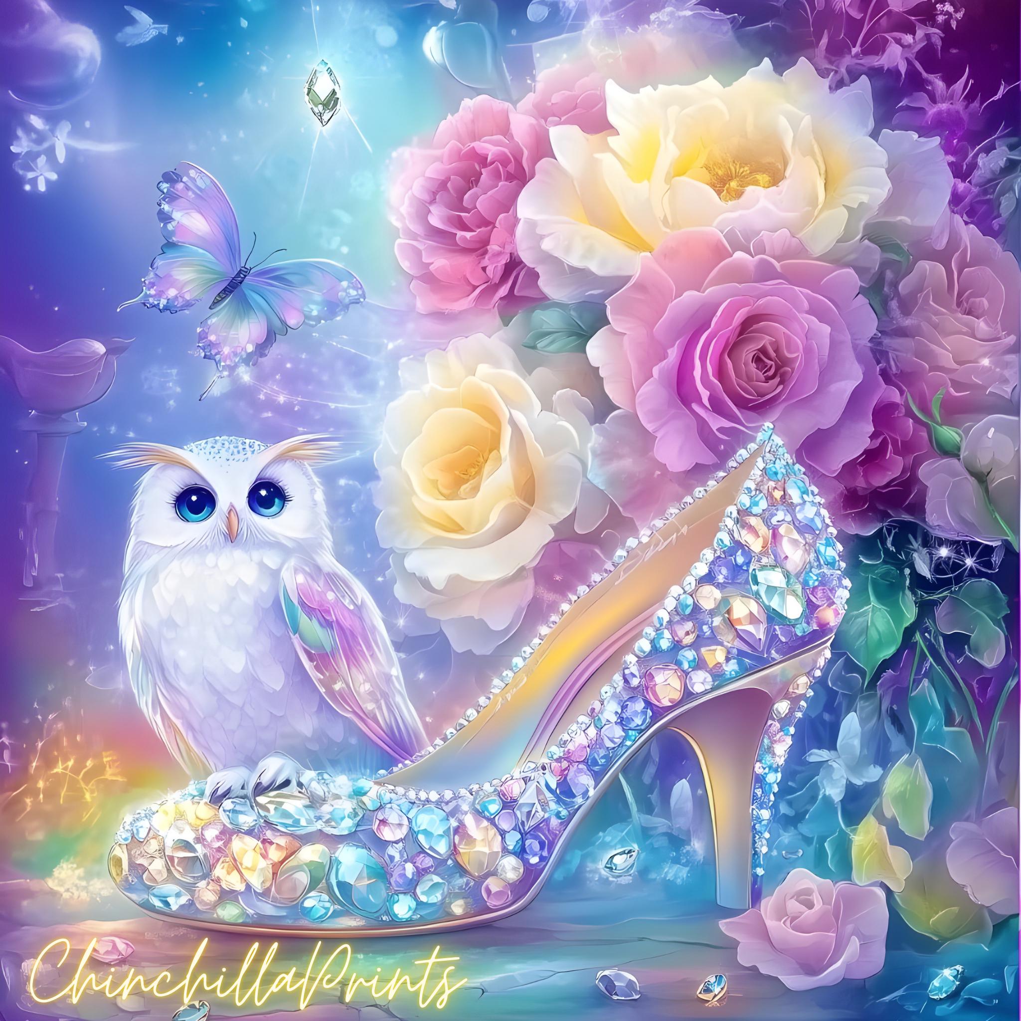 Set of 2 Cinderella Shoe & Owl Art Print: Fairytale Girl's Room Decor