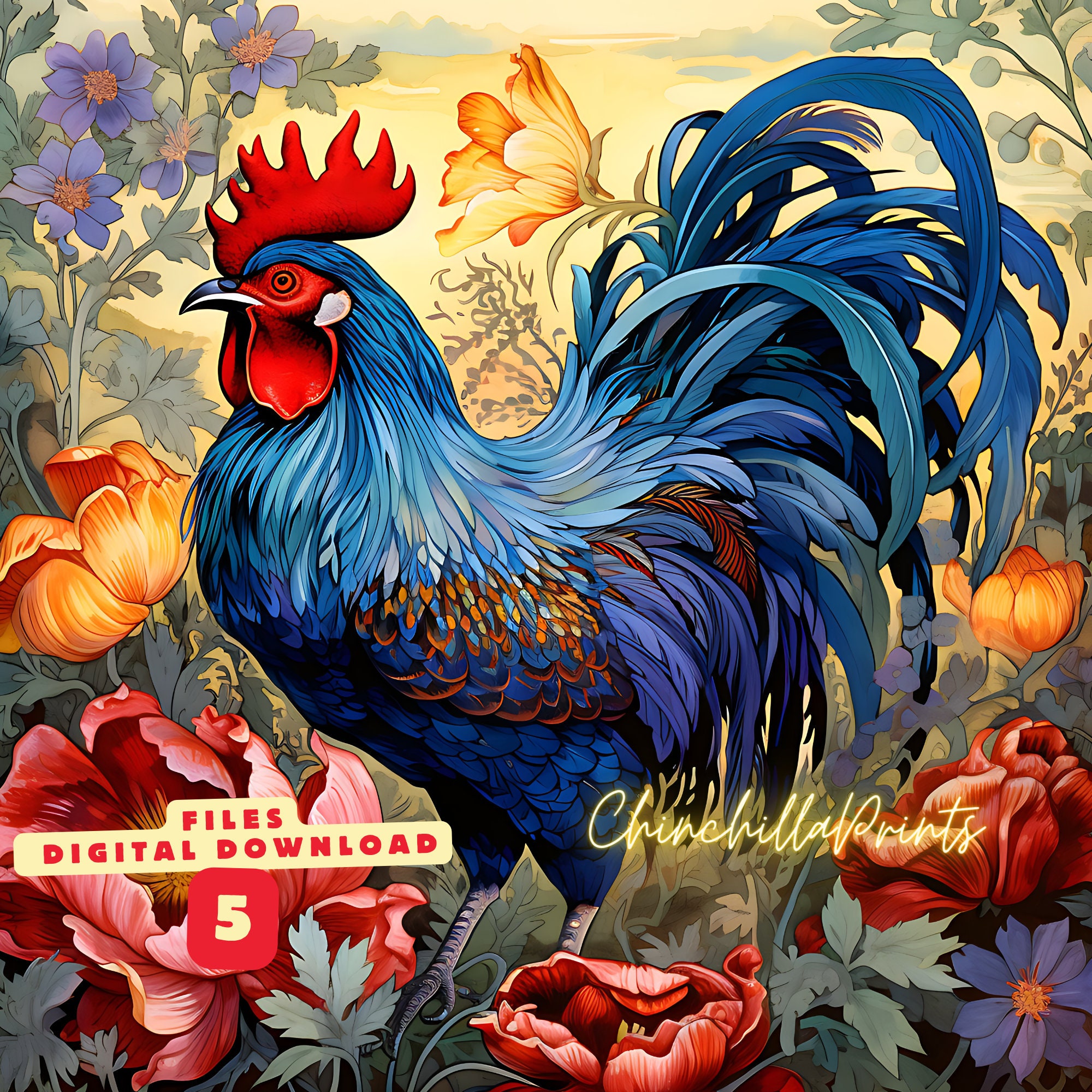 Art Nouveau Blue Rooster Print Set: Delaware State Symbol (digital