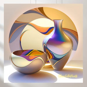 Puede incluir: Naturaleza muerta decorativa con un jarrón y un cuenco con superficies iridiscentes y detalles dorados. El jarrón tiene un cuello delgado y un cuerpo redondeado, mientras que el cuenco es bajo y ancho. Un gran diseño circular abstracto en oro, naranja y azul sirve de fondo.