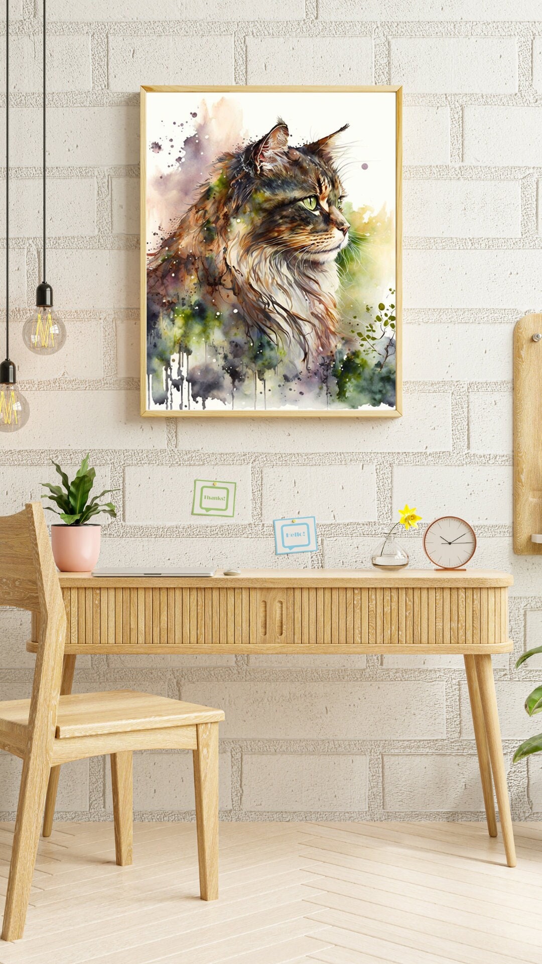 【原画販売】ノルウェージャンフォレストキャットの水彩画 ノルウェージャンフォレストキャットの水彩画：緑の猫の肖像画