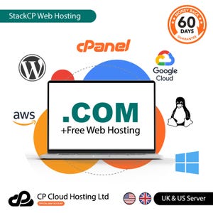May include: A laptop screen displays ".COM + Free Web Hosting" with logos for WordPress, AWS, cPanel, Google Cloud, and Windows. The image includes a 60-day money-back guarantee and the text "StackCP Web Hosting".