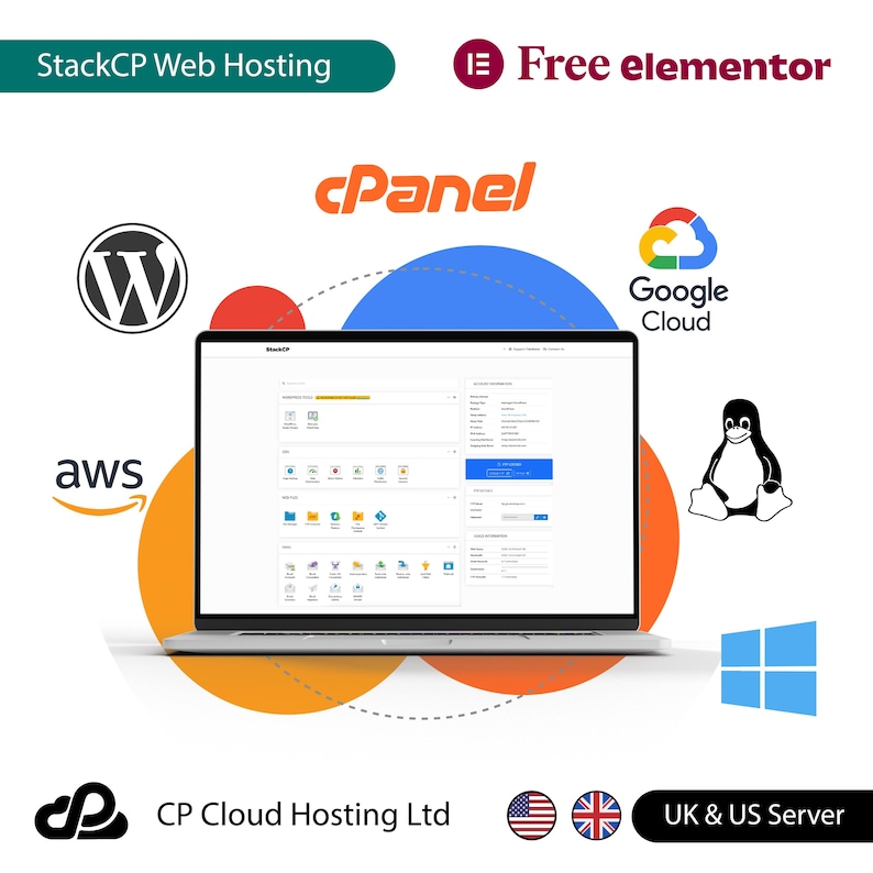 May include: A laptop computer screen displaying a web hosting control panel with the StackCP logo. The image also includes logos for cPanel, Google Cloud, AWS, WordPress, and Free Elementor. The text "CP Cloud Hosting Ltd" and "UK & US Server" are also visible.