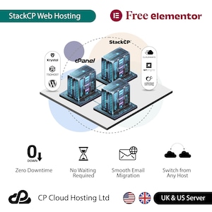 May include: Illustration of a web hosting service with the text "StackCP Web Hosting" and "Free elementor". The illustration shows a server rack with the text "StackCP" and logos for various web hosting companies, including cPanel, Krystal, TSOHOST, Cloudways, WPengine, and Unlimited Web Hosting. The illustration also includes icons for zero downtime, no waiting required, smooth email migration, and switch from any host. The text "CP Cloud Hosting Ltd" and "UK & US Server" are also included in the illustration.