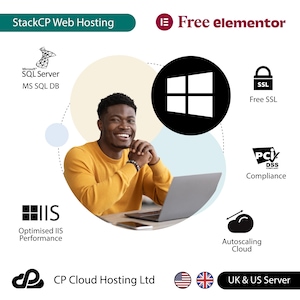 May include: A man is sitting in front of a laptop computer. The laptop screen shows a Windows logo. The image also includes text that says "StackCP Web Hosting", "Free elementor", "Microsoft SQL Server MS SQL DB", "Optimised IIS Performance", "CP Cloud Hosting Ltd", "Free SSL", "PCI DSS Compliance", "Autoscaling Cloud", and "UK & US Server".