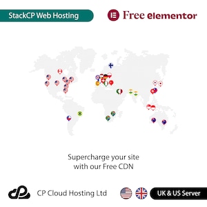 May include: A world map with flags of different countries marking locations. The text "StackCP Web Hosting" and "Free elementor" are at the top of the image. The text "Supercharge your site with our Free CDN" is in the center of the image. The text "CP Cloud Hosting Ltd" is at the bottom left of the image. The text "UK & US Server" is at the bottom right of the image.