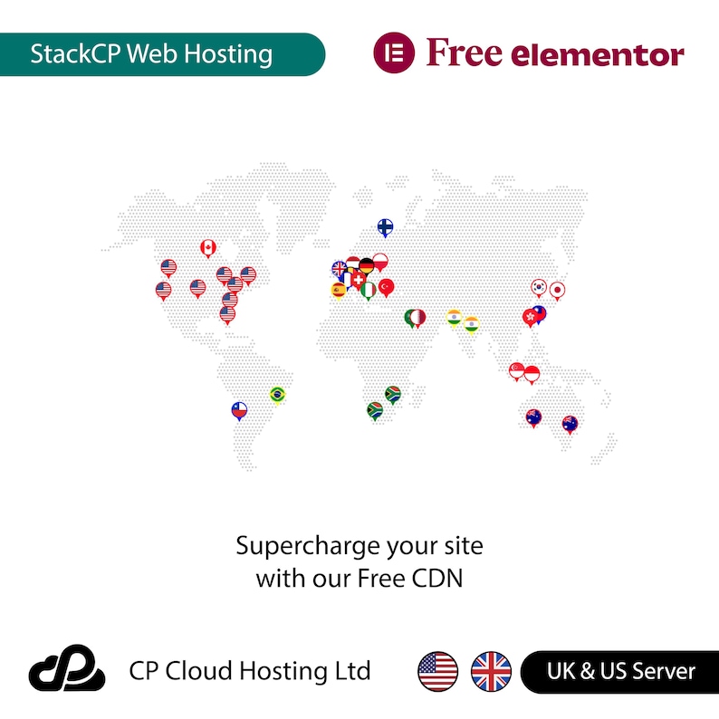 May include: A world map with flags of different countries marking locations. The text "StackCP Web Hosting" and "Free elementor" are at the top of the image. The text "Supercharge your site with our Free CDN" is in the center of the image. The text "CP Cloud Hosting Ltd" is at the bottom left of the image. The text "UK & US Server" is at the bottom right of the image.