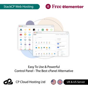 May include: A screenshot of a web hosting control panel with the text "StackCP Web Hosting" and "Free elementor" at the top. The control panel is easy to use and powerful, and it is a great alternative to cPanel. The control panel is available on UK and US servers.