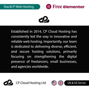 May include: A black and white logo of a cloud with a stylized letter P inside. The text "CP Cloud Hosting Ltd" is below the logo. The text "Established in 2014, CP Cloud Hosting has consistently led the way in innovative and reliable web hosting. Importantly, our team is dedicated to delivering diverse, efficient, and secure hosting solutions, primarily focusing on strengthening the digital presence of freelancers, small businesses, and agencies worldwide." is below the logo. The text "UK & US Server" is below the logo. The American and British flags are to the left of the text "UK & US Server".
