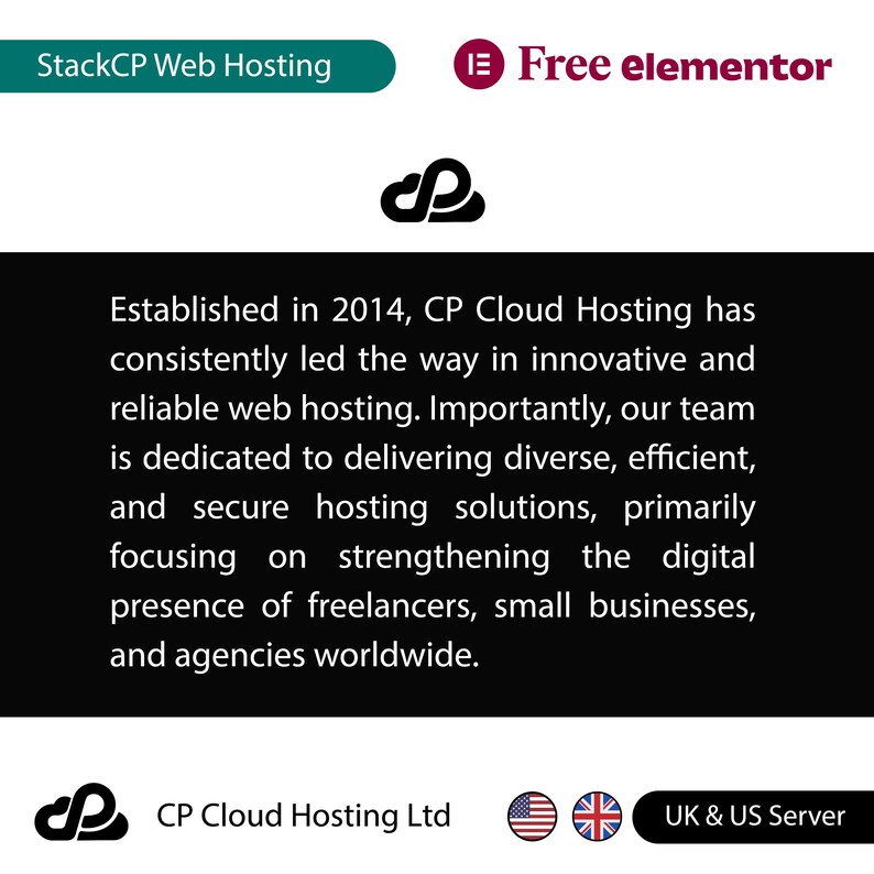May include: A black and white logo of a cloud with a stylized letter P inside. The text "CP Cloud Hosting Ltd" is below the logo. The text "Established in 2014, CP Cloud Hosting has consistently led the way in innovative and reliable web hosting. Importantly, our team is dedicated to delivering diverse, efficient, and secure hosting solutions, primarily focusing on strengthening the digital presence of freelancers, small businesses, and agencies worldwide." is below the logo. The text "UK & US Server" is below the logo. The American and British flags are to the left of the text "UK & US Server".