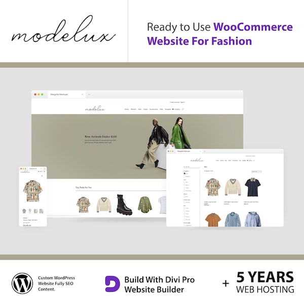 Tema de moda personalizado para comercio electrónico WooCommerce de WordPress: tendencias de diseño de 2025: actualizaciones Divi gratuitas de por vida + alojamiento web durante 5 años