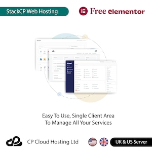 May include: A screenshot of a web hosting control panel with the text "StackCP Web Hosting" and "Free elementor" at the top. The control panel is a white background with blue and gray buttons and text. The text "Easy To Use, Single Client Area To Manage All Your Services" is below the control panel. The text "CP Cloud Hosting Ltd" is below the text. The text "UK & US Server" is below the text. The image also includes a US flag and a UK flag.
