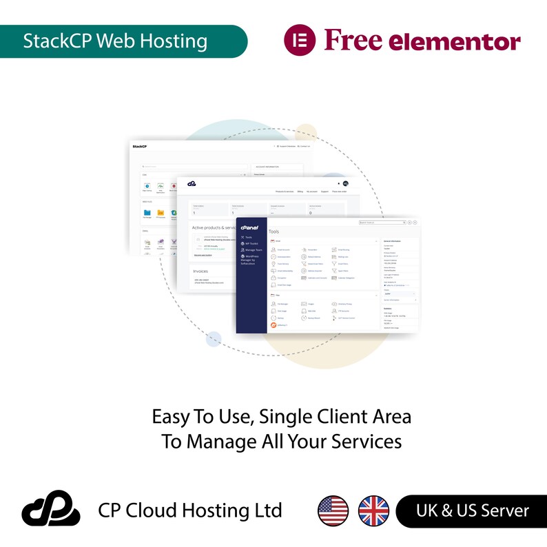 May include: A screenshot of a web hosting control panel with the text "StackCP Web Hosting" and "Free elementor" at the top. The control panel is a white background with blue and gray buttons and text. The text "Easy To Use, Single Client Area To Manage All Your Services" is below the control panel. The text "CP Cloud Hosting Ltd" is below the text. The text "UK & US Server" is below the text. The image also includes a US flag and a UK flag.