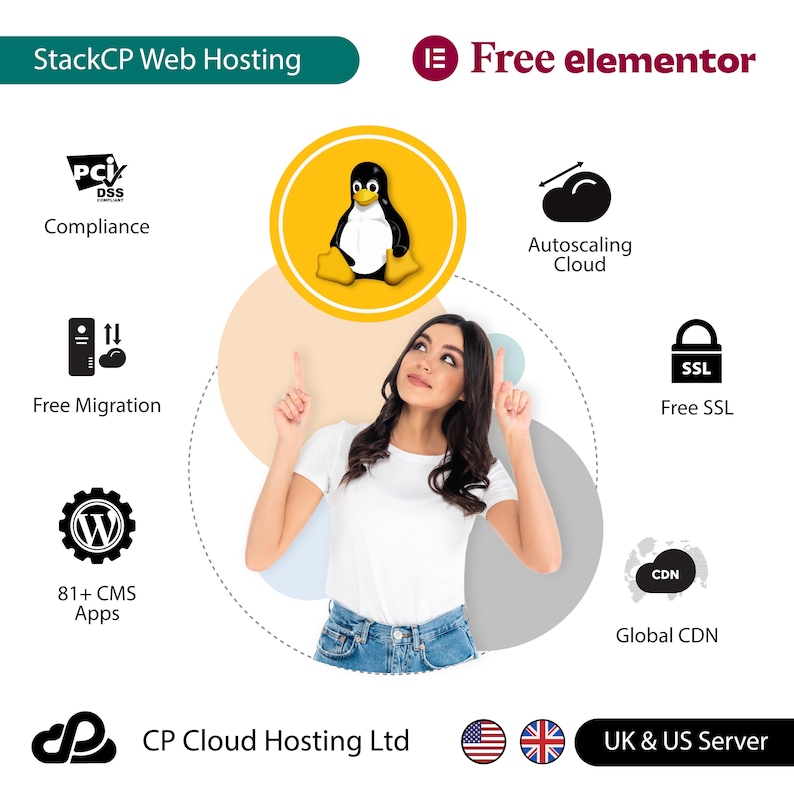 May include: A woman points upwards at a graphic showing the features of StackCP Web Hosting, including free migration, 81+ CMS apps, free SSL, autoscaling cloud, global CDN, and UK & US servers. The graphic also includes a penguin logo and the text "Free elementor".