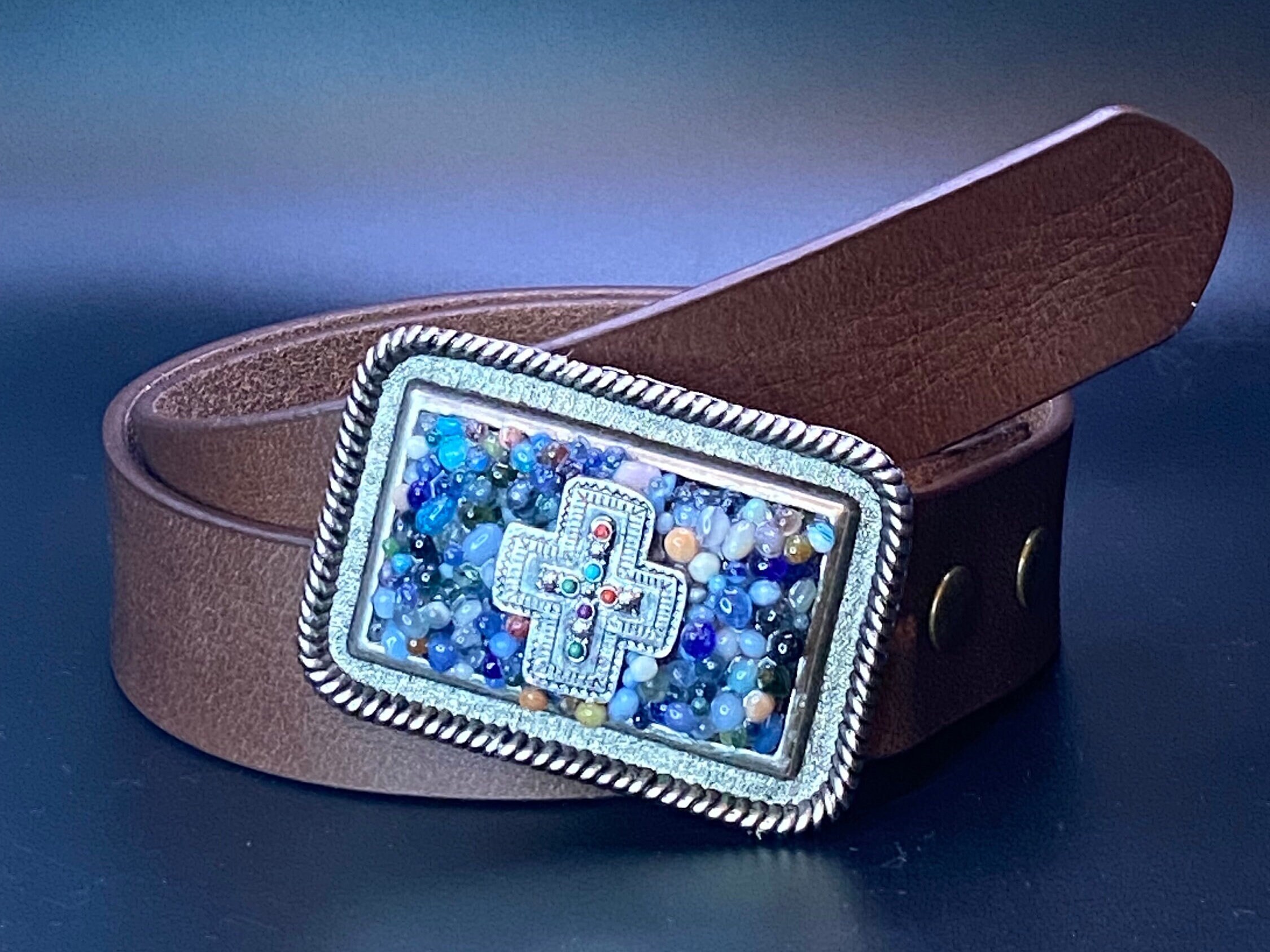 Natural Blue Agate & Rhinestone Cross Buckle Belt Buckle / Cabochon Paisley Blue / Swarovski Crystals  main image 3