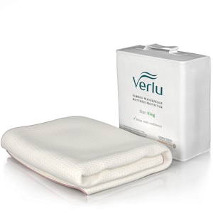 May include: A white bamboo waterproof mattress protector folded in half. The protector is labeled "Verlu Bamboo Waterproof Mattress Protector" and "Size: King". The label also says "Relax with confidence" and has the Oeko-Tex Standard 100 logo.