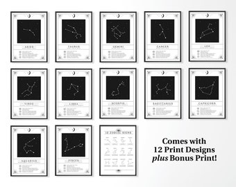 Conjunto de impressões do zodíaco celestial de 12 unidades, gráfico astrológico para impressão do céu noturno, constelações de signos estelares, download digital