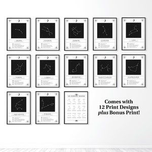 Juego de impresiones del zodiaco celestial de 12 piezas, tabla de astrología imprimible del cielo nocturno, constelaciones de signos estelares, descarga digital