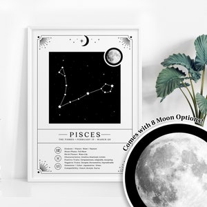 Fische Sternzeichen Print mit Mondphasen, Nachthimmel druckbare Kunst für Astrologie Geschenke, Sternbild Sterne Karte Poster, digitaler Download