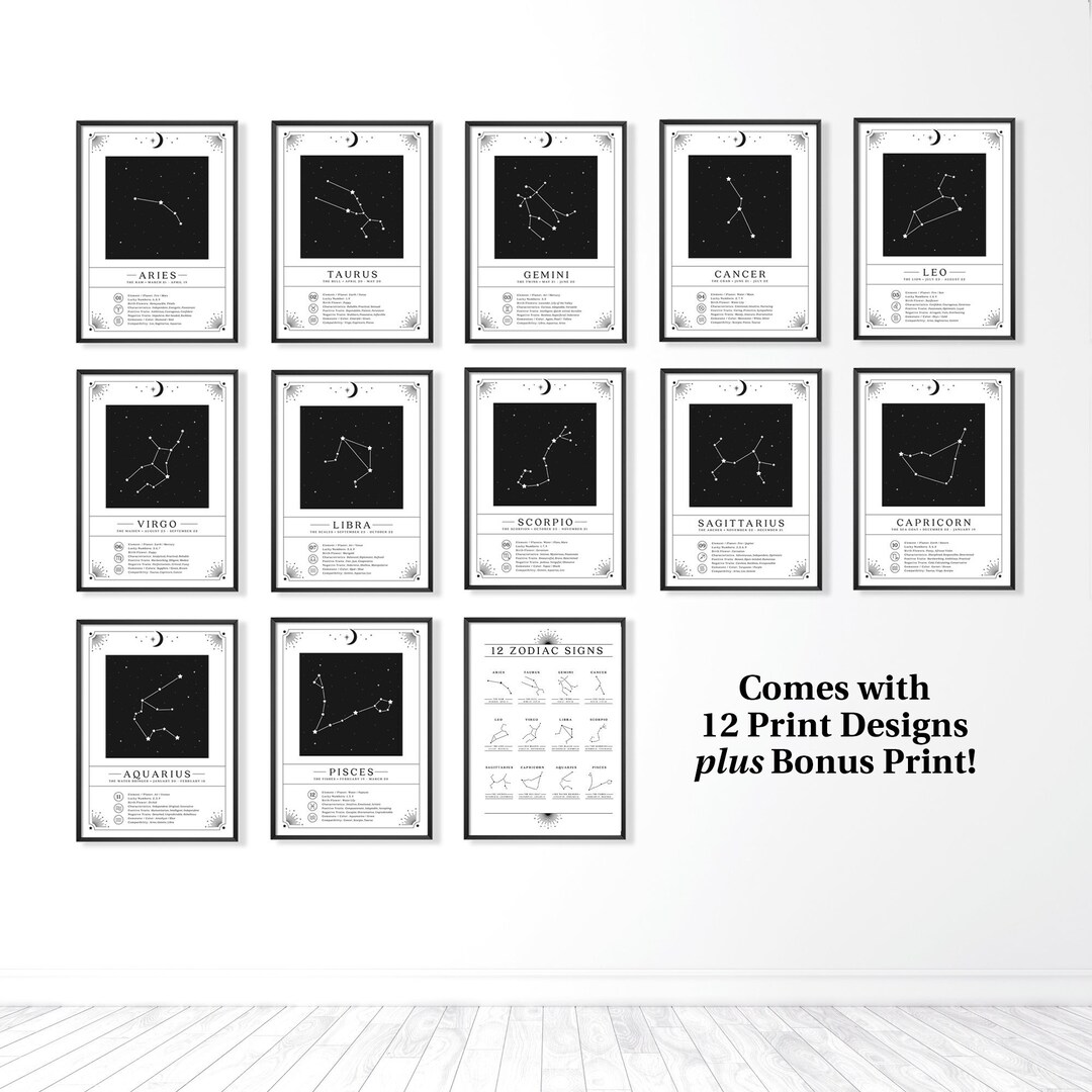 12pc Celestial Zodiac Prints Set, Night Sky Printable Astrology Chart