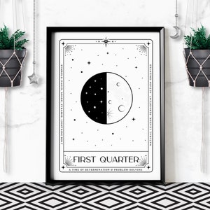 Eerste kwartaal maan tarotkaart Art Print, nachtelijke hemel afdrukbare hemelse sterrenbeeld poster, digitale download