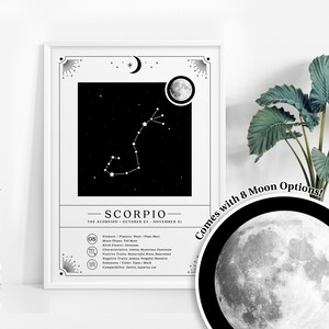 Skorpion Sternzeichen Print mit Mond, Nachthimmel druckbare Kunst für Astrologie Geschenke, Sternbild Sterne Karte Poster, digitaler Download