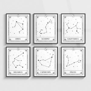 6 Stück Sternzeichen Tarot Karte Art Print Set, Astrologie Horoskop Wandkunst, Celestial Sternzeichen Konstellationen, digitaler Download, Teil II