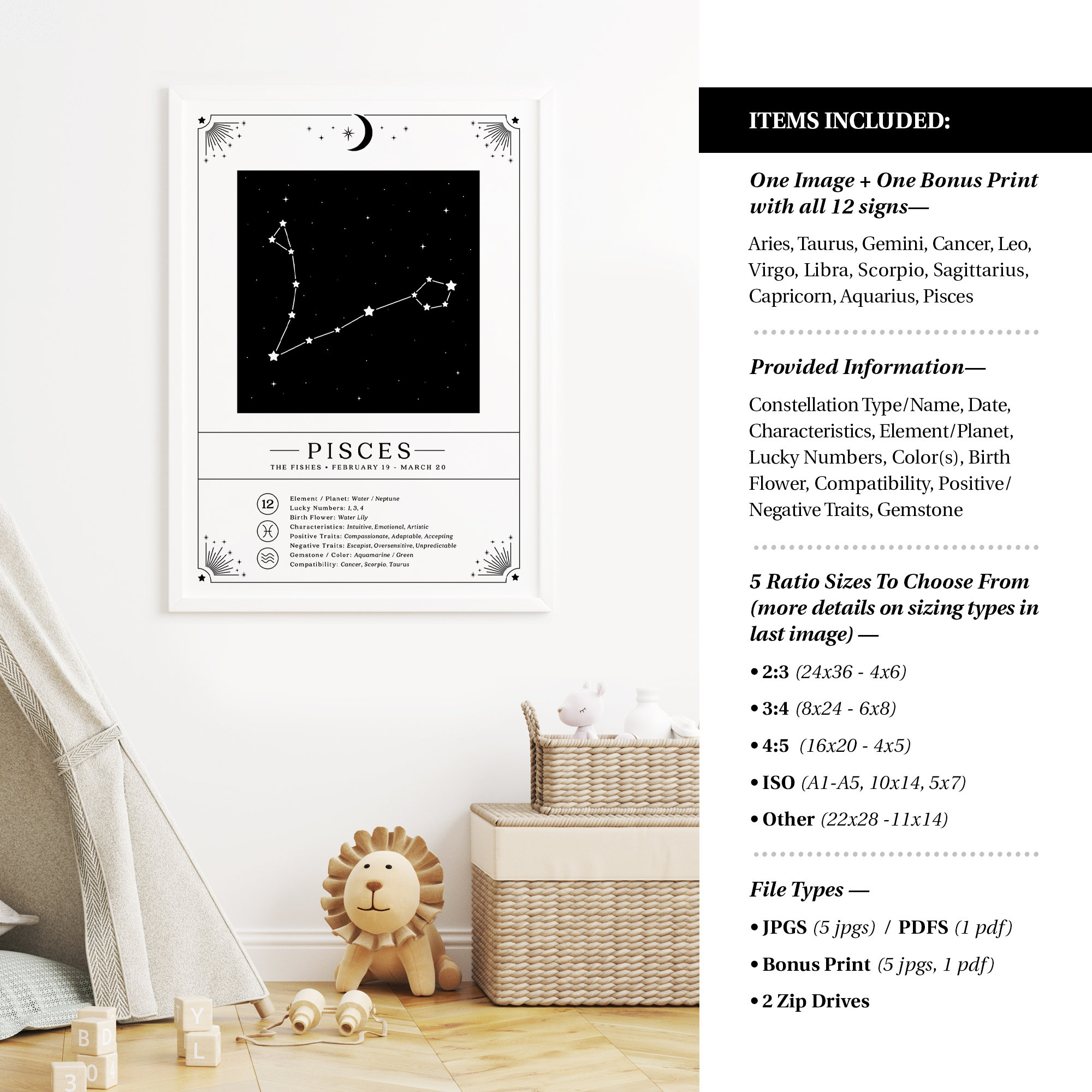 Pisces Zodiac Print, Night Sky Printable Astrology Gifts for Horoscope ...