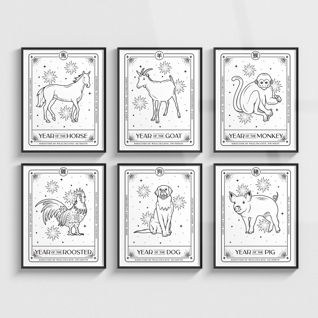 6pc Chinese Zodiac Tarot Card Art Print Set, Animal Wall Art, Celestial