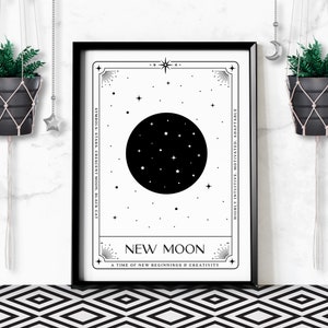 Nieuwe maan Tarot Card Art Print, nachtelijke hemel afdrukbare hemelse sterrenbeeld poster, digitale download