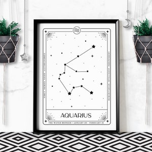 Aquarius Zodiac Tarot Card Art Print, Astrology Horoscope, Constellation Céleste Stars Map Poster, Digital Download