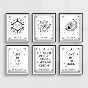 Maan, zon, ster tarotkaart kunst met citaten, set van 6 Boho Wall Decor prints, hemelse astrologie posters, digitale download