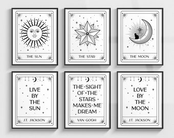 Moon, Sun, Star Tarot Card Art with Quotes, Set of 6 Boho Wall Decor Prints, Celestial Astrology Posters, Digital Download