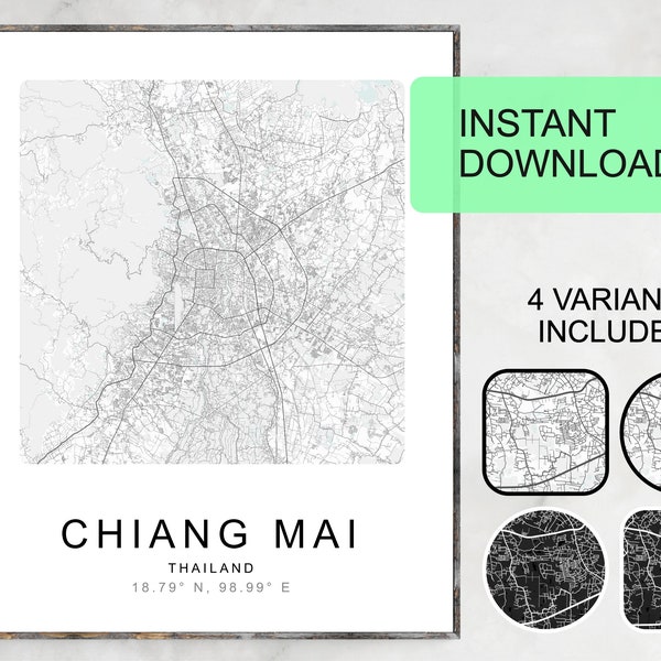 Map of Chiang Mai, Thailand, Digital Download, wall art set of 4, art prints, bedroom decor, custom map, home office decor, poster