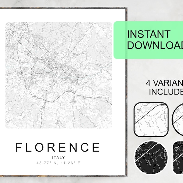 Map of Florence, Italy, Digital Download, wall art set of 4, digital prints, personalized map, home office decor, custom map