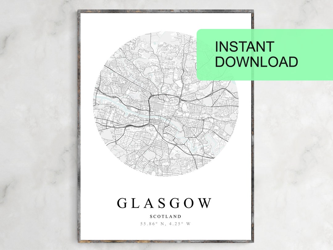 Map of Glasgow, Scotland, Printable, Printable Wall Art, Home Office Decor, Wall Art, Bedroom