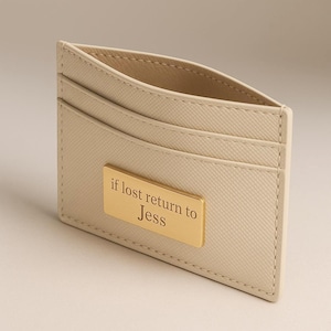 Tarjetero de cuero personalizado con nombre, iniciales y mensaje grabados / Cartera minimalista / Regalo personalizado para ella / Regalo de aniversario