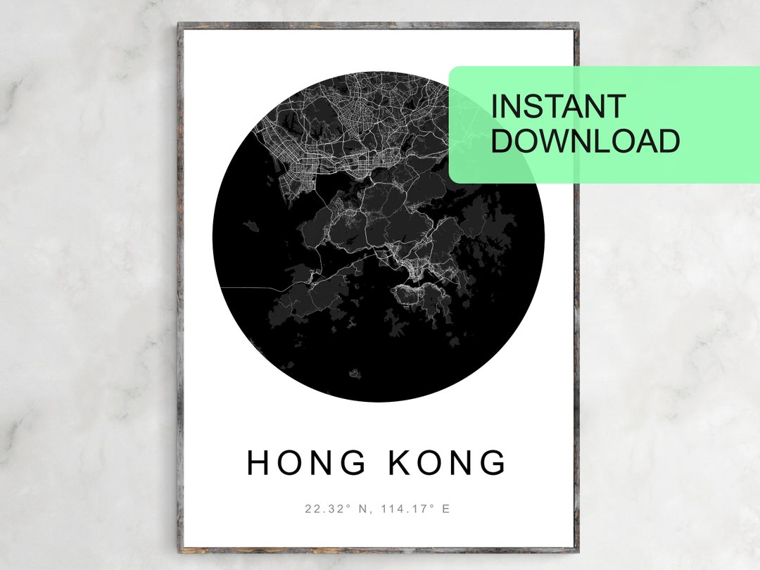Map of Hong Kong, , Printable, Digital Prints, Custom Map, Home Office ...
