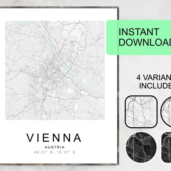 Map of Vienna, Austria, Digital Download, wall art set of 4, printable wall art, personalized map, bedroom decor, custom map
