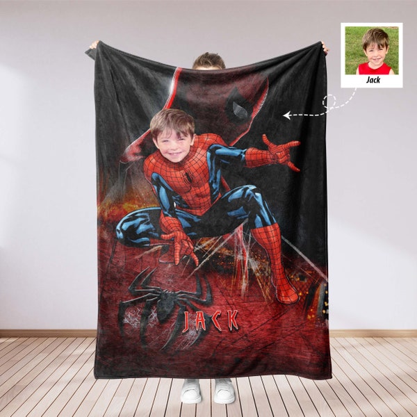 USA MADE Custom Blankets Personalized Spider Boy Blanket , Kids Superhero Portrait Blanket, Spider Boy Portrait Throw, Best Gifts For Boys