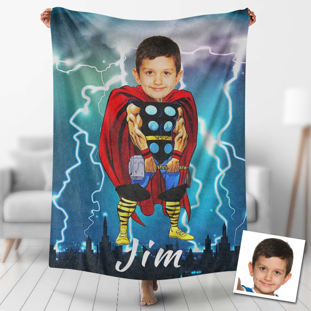 USA MADE Superhero Custom Blankets Personalized Photo Little Thor Boy