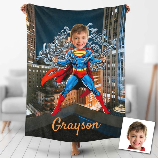 USA MADE Custom Blankets Personalized Photo Blanket Breaking The Chain Super Hero Boy Style Blanket | Custom Face Superhero Portrait Blanket