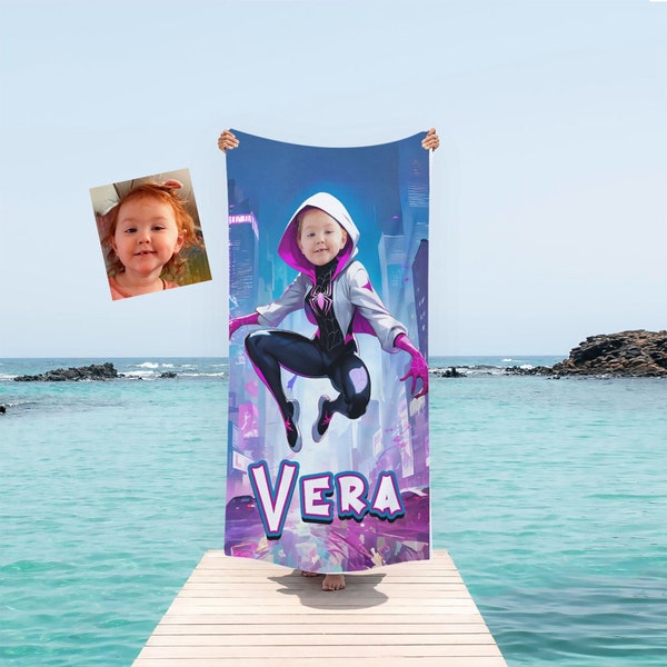 USA MADE LUXURY Personalized Face & Name Summer Pink Ghost Spider Girl Gwen Beach Towel