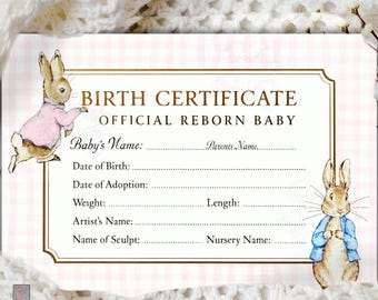 Printable Reborn Doll Birth Certificate, Peter Rabbit, Dolls Adoption COA, Flopsy Bunny, Reborn Doll Roleplay props, A5 cert commercial use