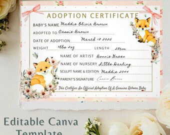 Reborn Baby Adoption Certificate, Fox Cub, Cottage Design (Canva Editable Template)