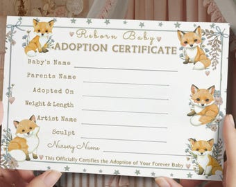 Reborn Doll Adoption Certificate, Fox Cub Watercolor (Printable)