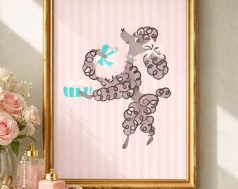 Pink Poodle Powder Room Wall Art, 1950s Vintage Wallpaper, Girl