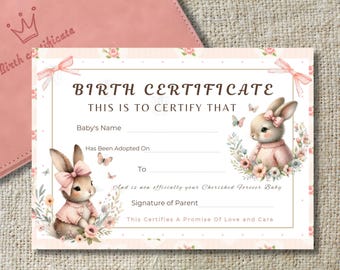 Reborn Doll Birth Certificate, Printable adoption certificate reborn baby girl, Coquette Bows, cute baby bunnies, realistic reborn baby play